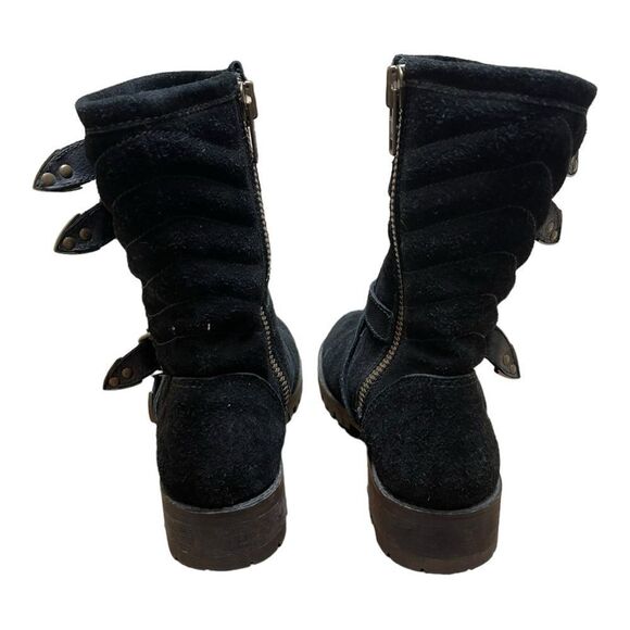 Shellys London Sz 7 Black Leather Suede Biker Moto Combat Boots Buckle Shoes - Picture 5 of 10